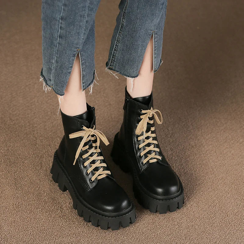 Women Retro Soft Cowhide Thick Sole Boots