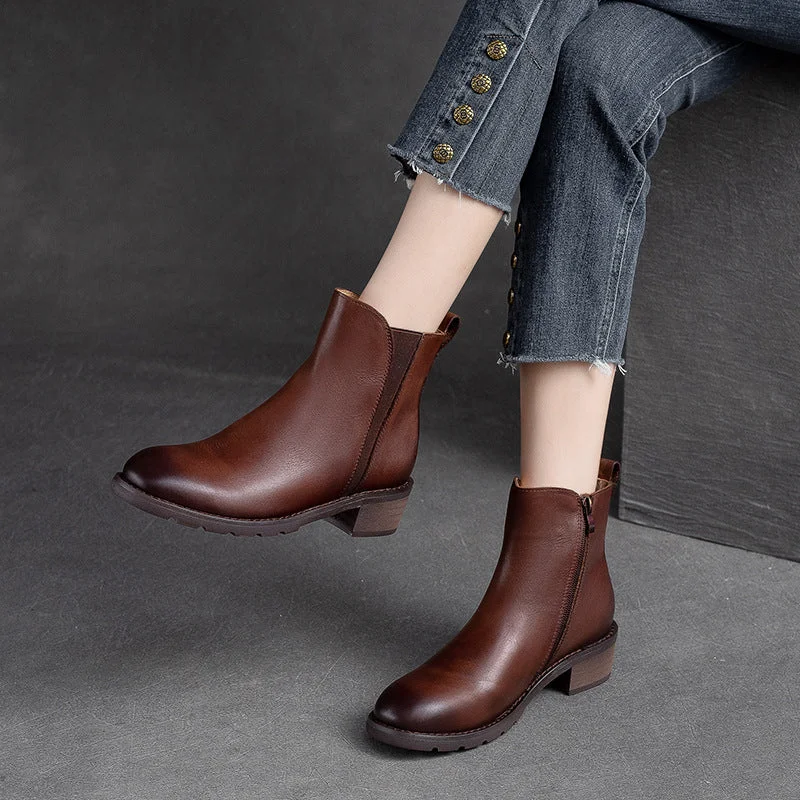 Women Minimalist Leather Casual Chunky Heel Boots