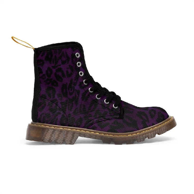 Purple Leopard Men Hiker Boots, Designer Animal Print Best Laced Up Men's Canvas Boots (US Size: 7-10.5)