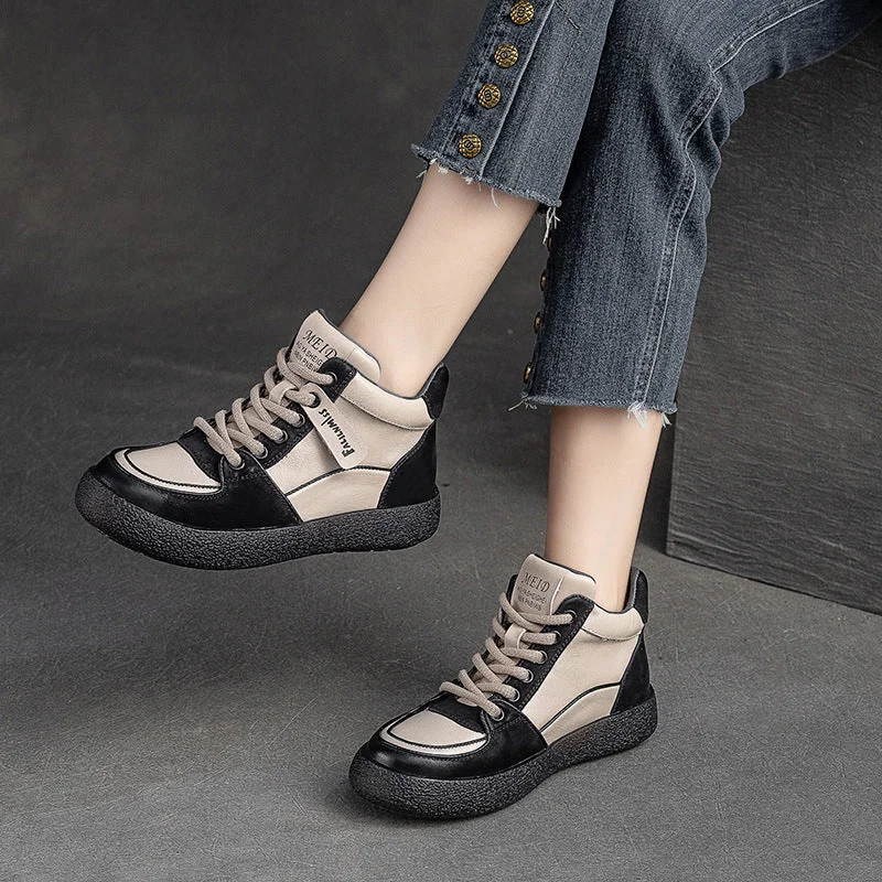 Women Retro Patchwork Leather Flat Casual Boots