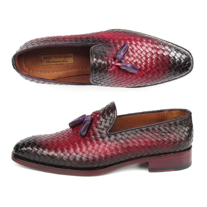 Paul Parkman WVN88-BUR Men's Shoes Burgundy Woven Leather Tassel Loafers (PM6411)