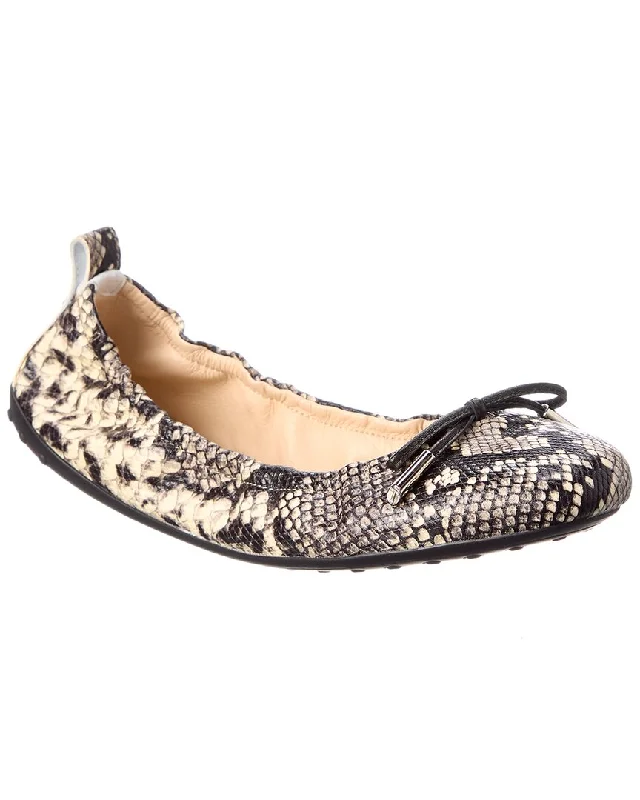 TODs Snake-Embossed Leather Ballerina Flat