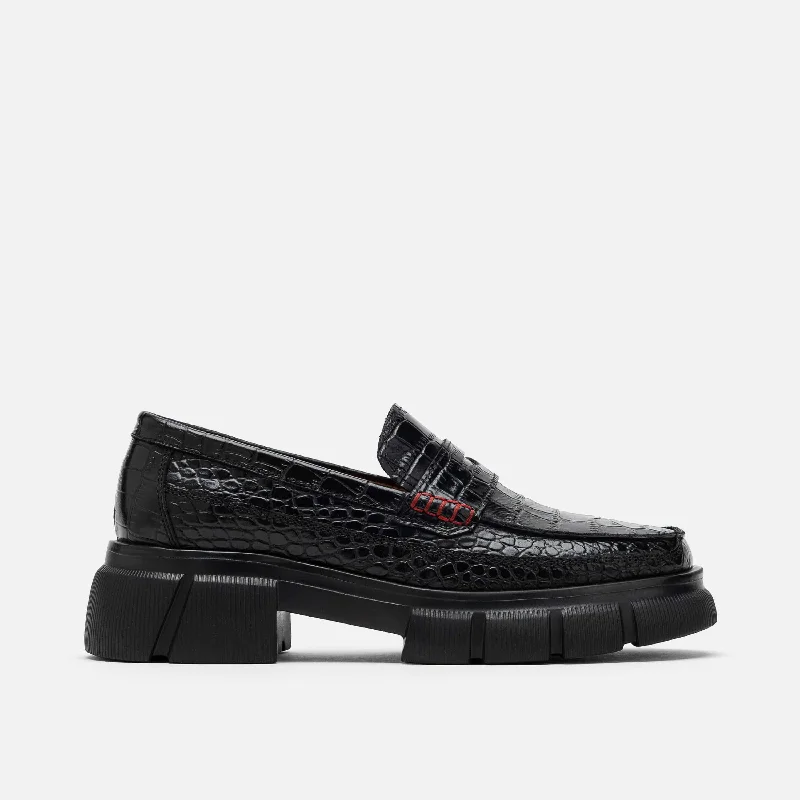 Ms. Calum Black Croc Leather Lug Penny Loafers