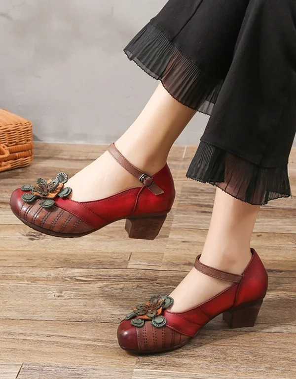 Women Retro Chunky Heels Red Pumps