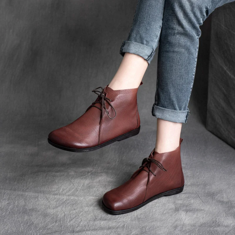 Women Solid Leather Retro Causal Flat Boots