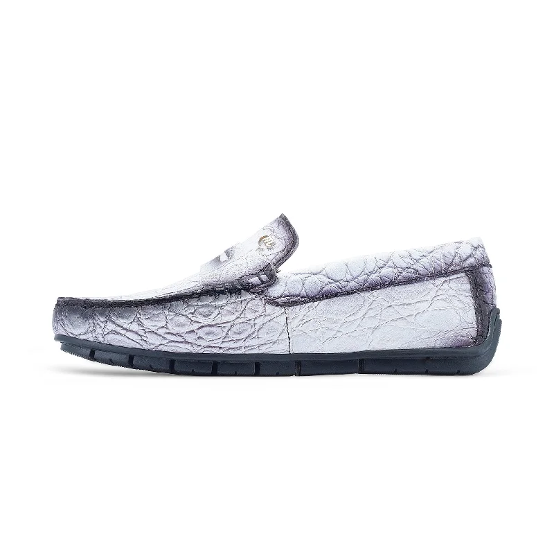 Mauri Sprinter 3517/1 Men's Shoes White with "Dirty" Black Finish Exotic Alligator Driver Moccasins Loafers (MA5528)