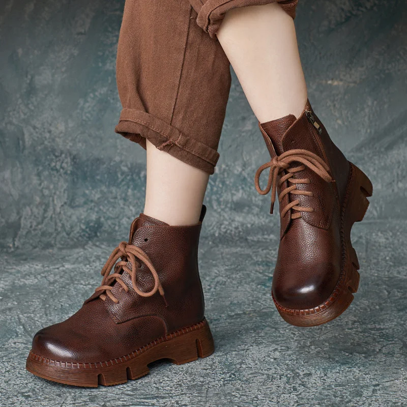 Women Vintage Leather Thick Soled Work Boots