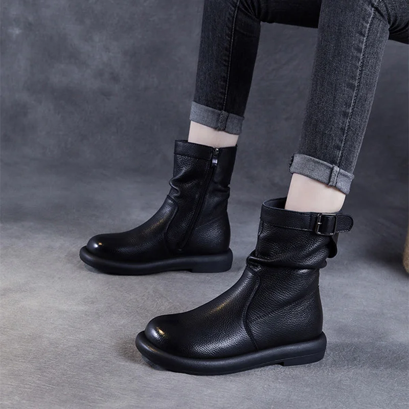 Women Solid Leather Buckle Mid-Calf Flat Boot