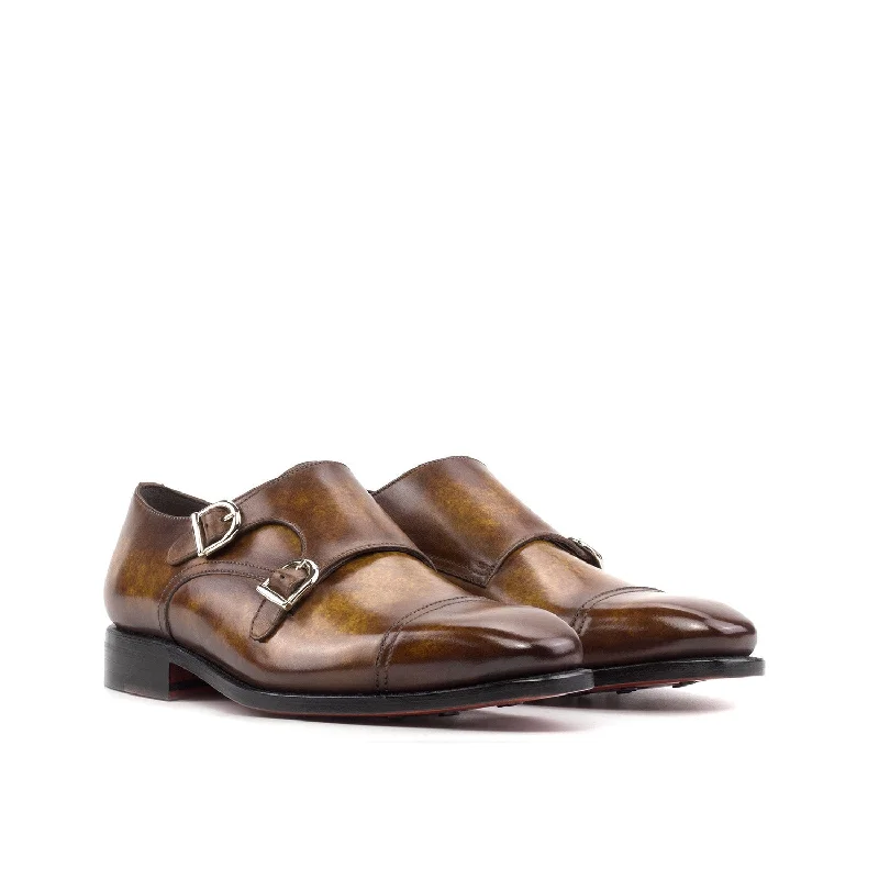 Ambrogio Bespoke Men's Shoes Cognac Patina Leather Monk-Straps Loafers (AMB2397)