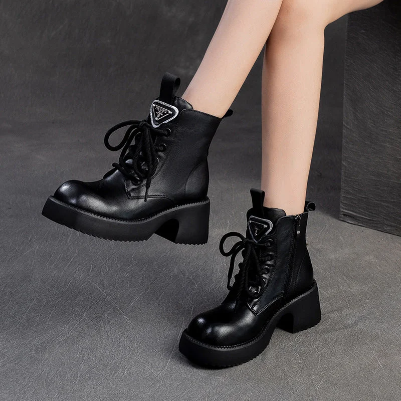 Women Retro Leather Chunky Heel Casual Boots