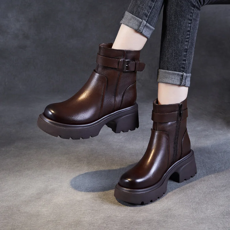 Women Retro Solid Leather Buckle Platform Boots