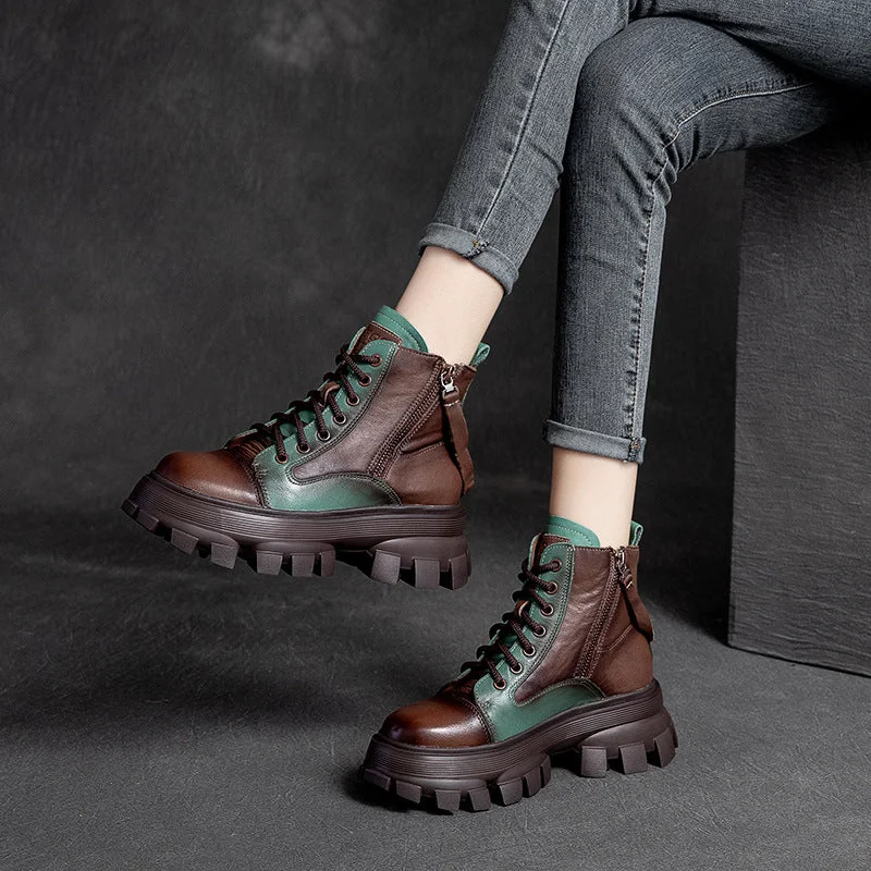 Women Retro Patchwork Leather Platform Boots