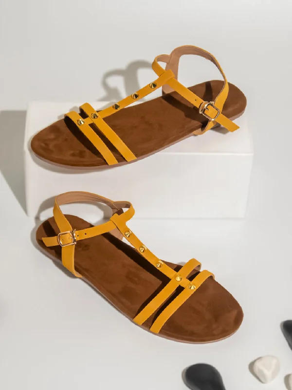 Women Mustard Solid Open Toe Flats