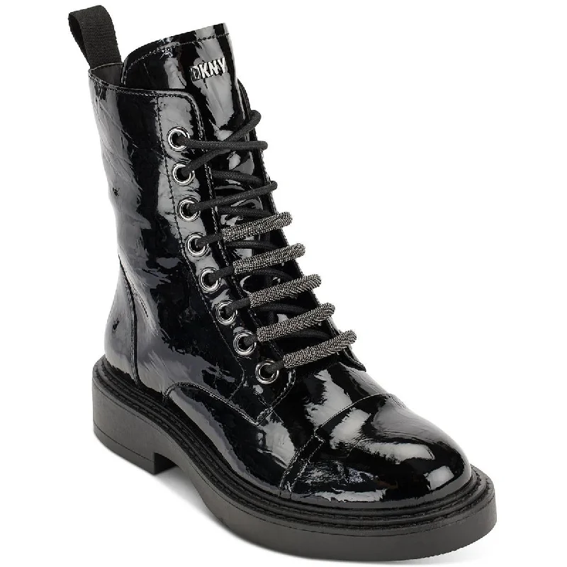 DKNY Womens Malaya Faux Leather Metallic Combat & Lace-Up Boots