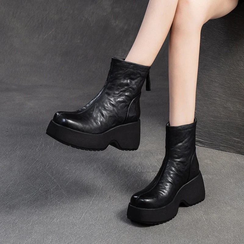 Women Retro Solid Leather Chunky Platform Boots