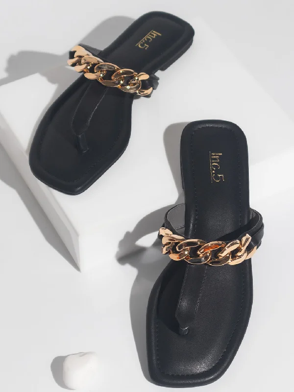 Women Black Embellished T-Strap Flats