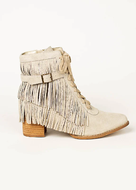 Nika Leather Fringe Boot in Bone