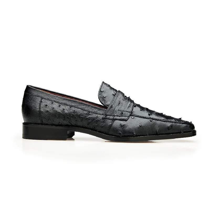 Belvedere Espada 02440 Men's Shoes Black Exotic Genuine Ostrich Split-Toe Penny Loafers (BV3153)