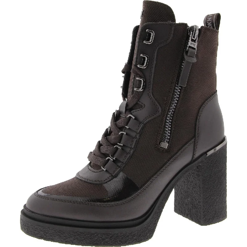 DKNY Womens Toia Leather Zipper Combat & Lace-Up Boots