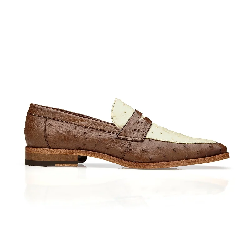 Belvedere Espada 02440 Men's Shoes Tabacco & Cream Exotic Genuine Ostrich Split-Toe Penny Loafers (BV3155)