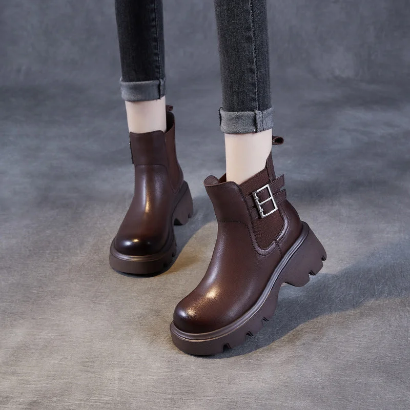 Women Retro Leather Buckle Platform Casual Boots