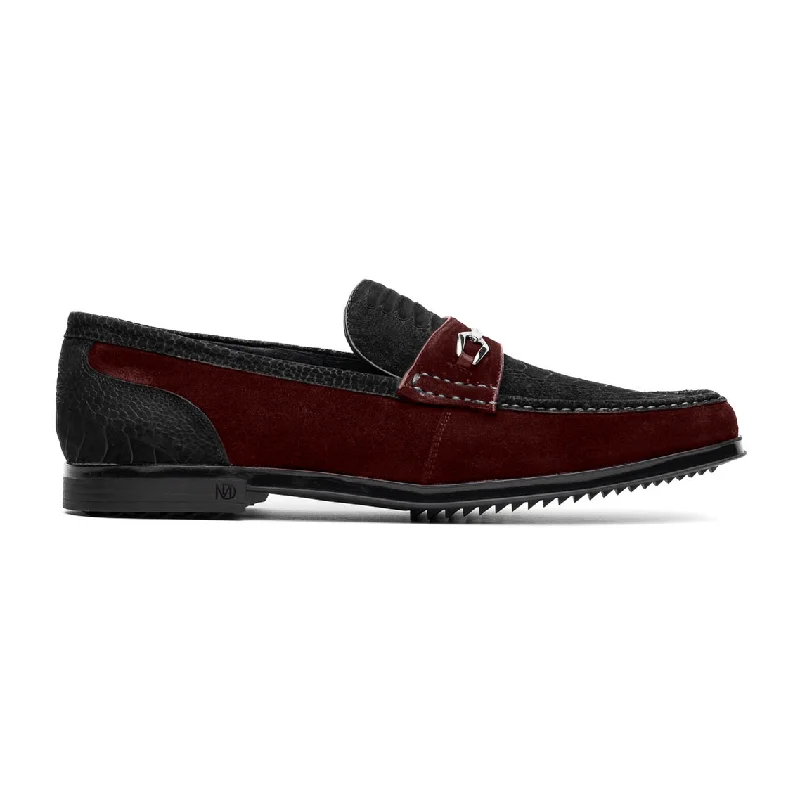 Marco Di Milano Hugo Men's Shoes Black & Wine Suede / Ostrich Leg Horsebit Loafers (MDM1064)