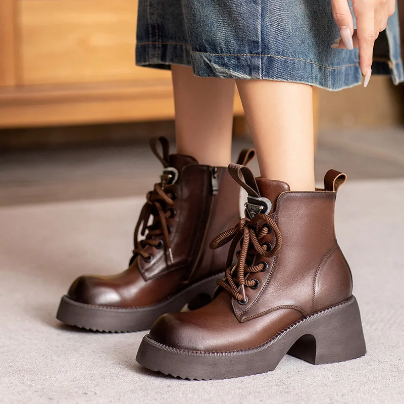 Women Vintage Leather Chunky Platform Boots