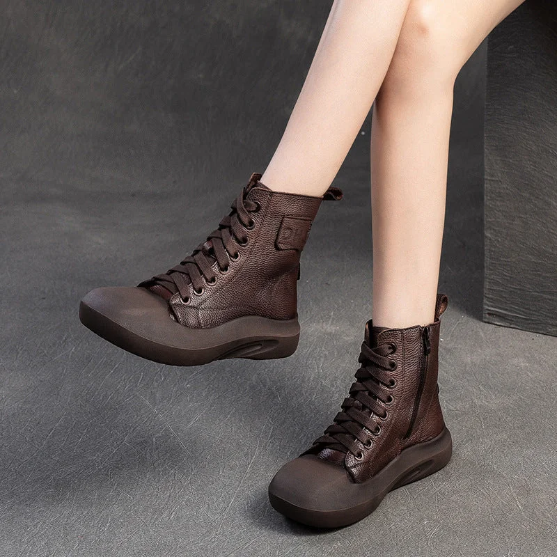 Women Vintage Minimalism Solid Leahter Flat Casual Boots