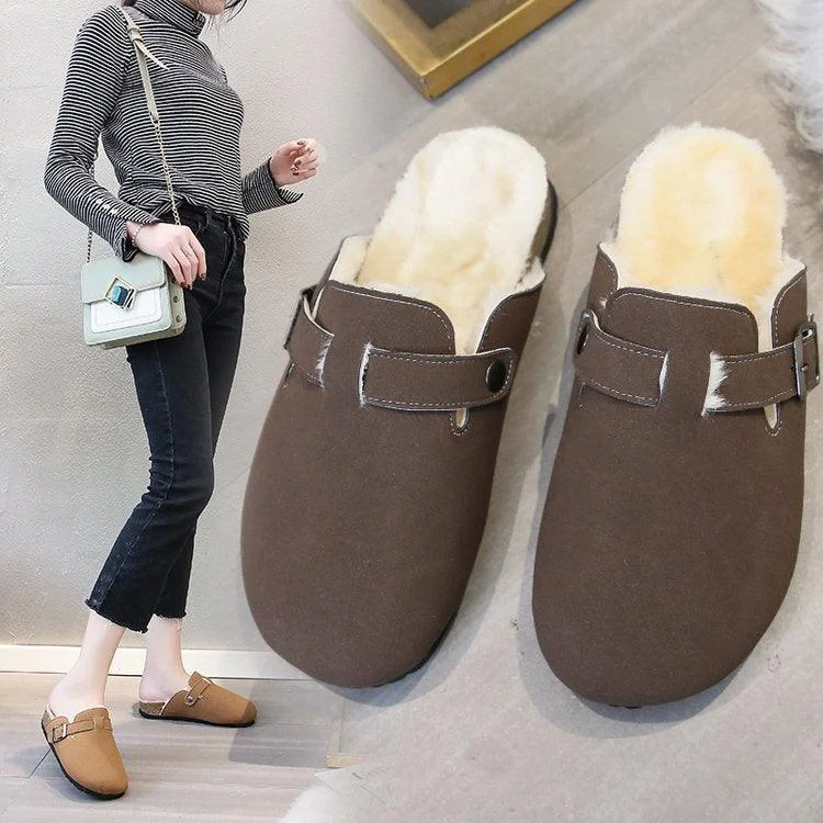 Round Head Comfortable Casual Flat Bottom Plus Fluffy  Lazy Half Slippers Female Trend