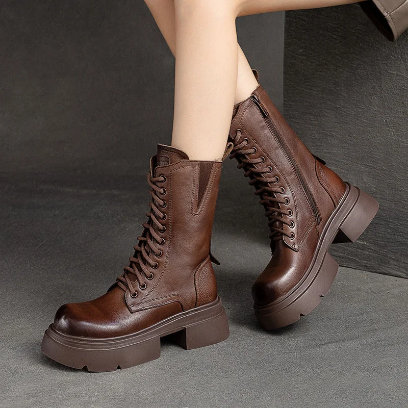 Women Retro Leather Chunky Platform Mid Calf Boots