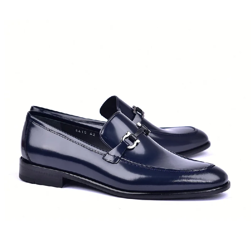 Corrente C0433 6415 Men's Shoes Navy Calf Skin Leather High Gloss Buckle Loafers (CRT1435)