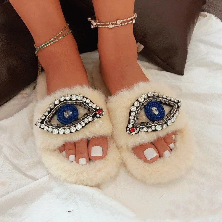 Faux Fur Velvet Slippers Demon Eye