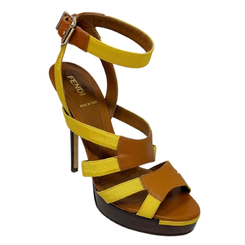 Gros Grain & Cowhide Stilletto Sandals Luxury Designer By Fendi In Mimosa & Honey, Size: US 6.5/IT 36.5