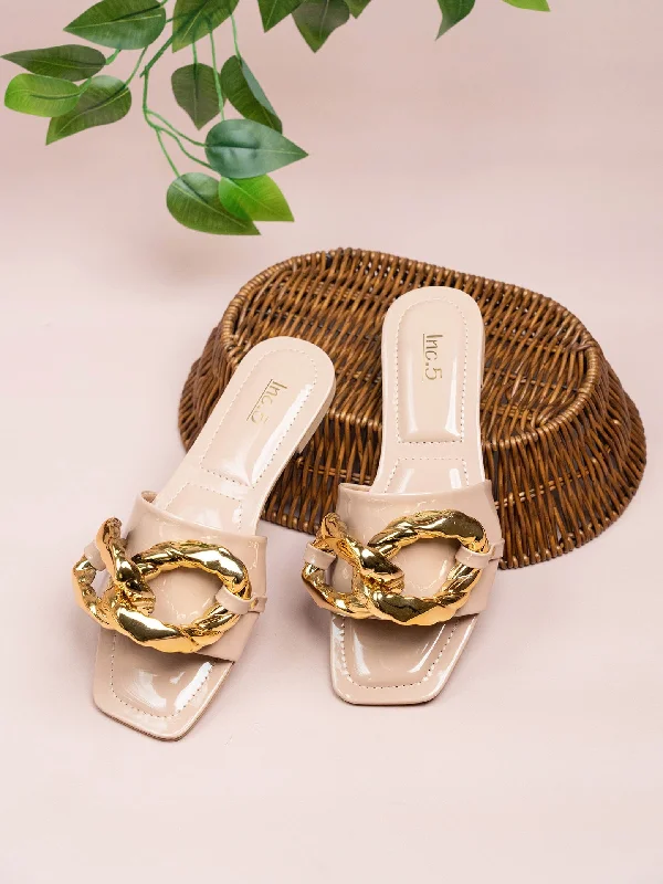 Women Beige Buckle Embellished Open Toe Flats