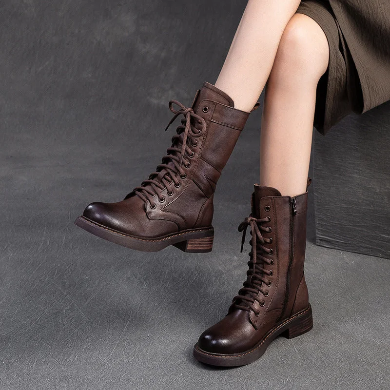 Women Minimalism Leather Mid-Calf Riding Combat Boots