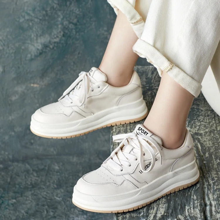 Women Fashion Solid Leather Breathable Court Sneakers