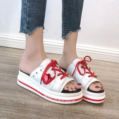 Lace, Drag, Thick Bottom Muffin And Mid Heeled Women's Shoes 2021 Summer New South Korean Casual Ladies Slippers.