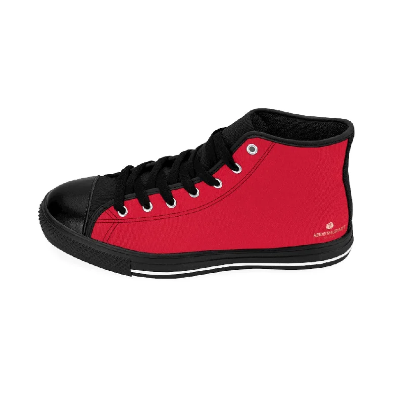 Bright Red Men's High-top Sneakers, Solid Color Minimalist Designer Tennis Running Shoes