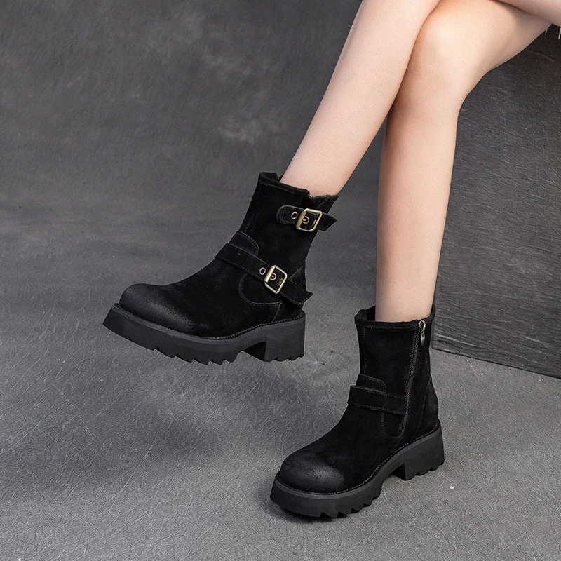 Women Vintage Nubuck Buckle Platform Boots