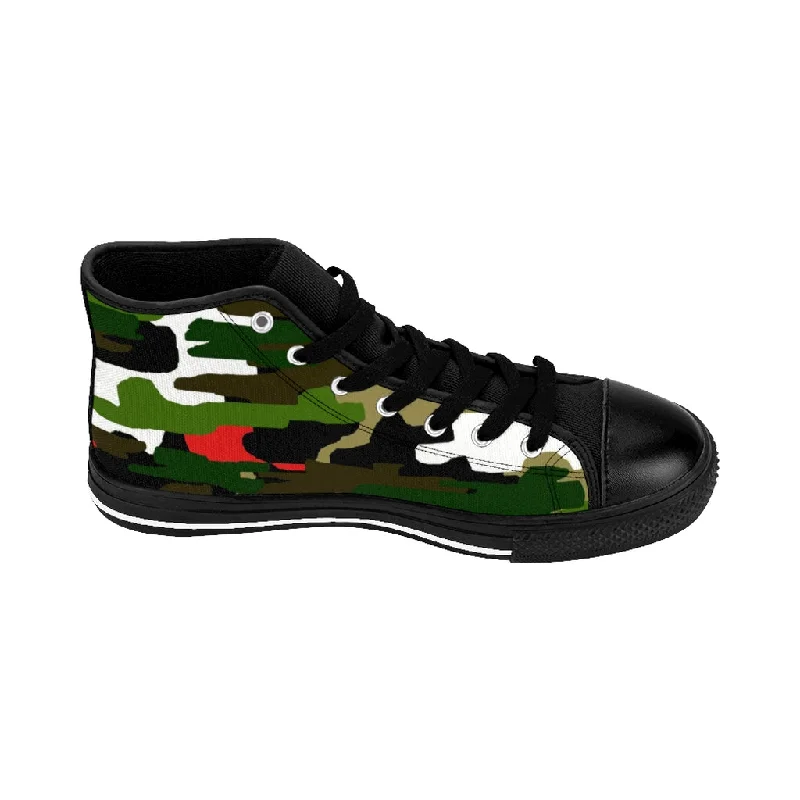 Green Camo Men's High-top Sneakers, Red Camouflage Print Men's Designer Tennis Running Shoes