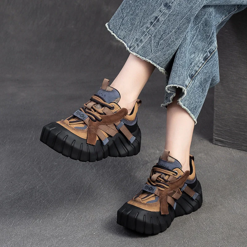 Women Retro Patchwork Leather Chunky Platform Sneakers