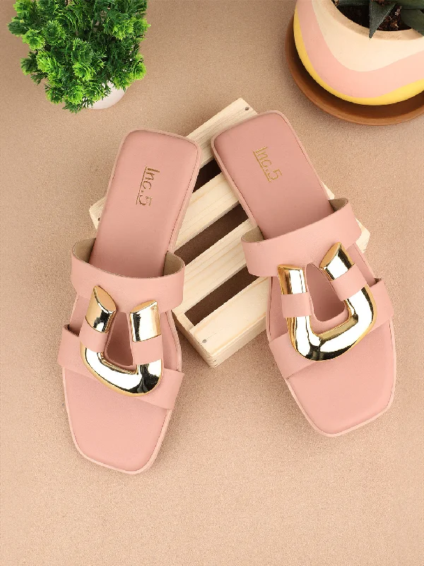 Women Peach & Gold-Toned Buckle Detailed Open Toe Flats