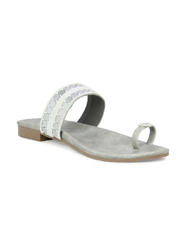 Women Grey Embellished One Toe Flats