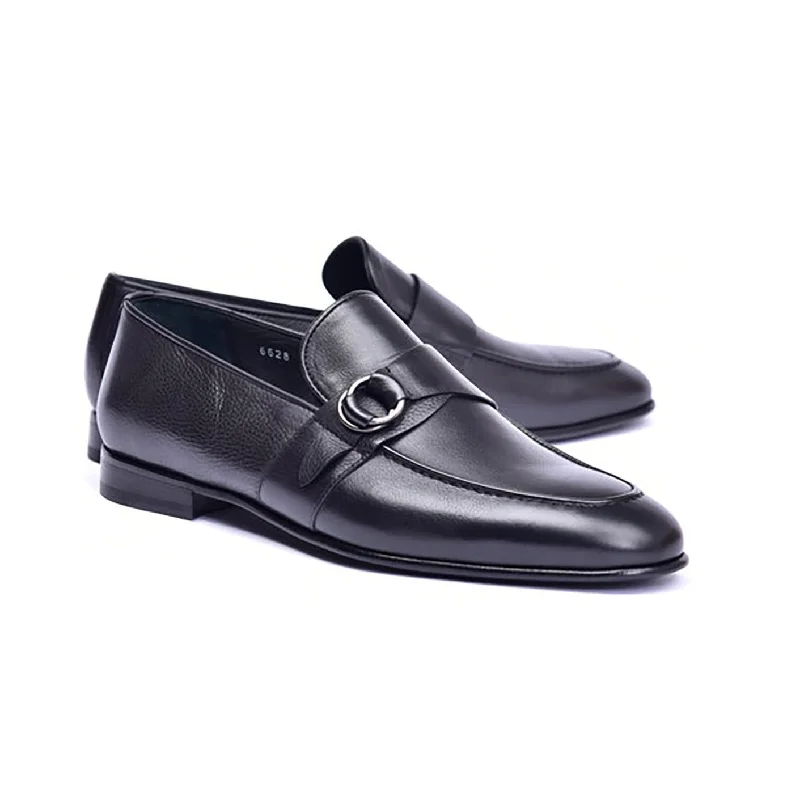 Corrente C00102-6628 Men's Shoes Black Calf-Skin Leather Side Buckle Loafers (CRT1478)