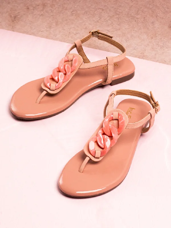 Women Peach Embellished Open Toe Flats