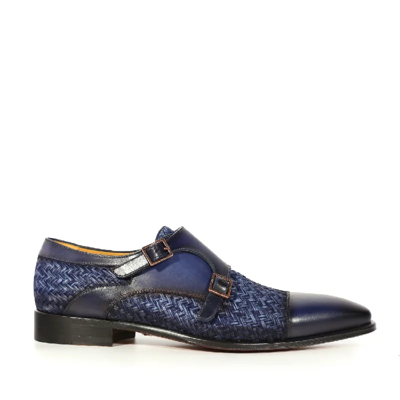 Mezlan Palomar 20688 Men's Shoes Blue Fabric / Calf-Skin Leather Dress/ Formal Monk-Straps Loafers (MZS3623)