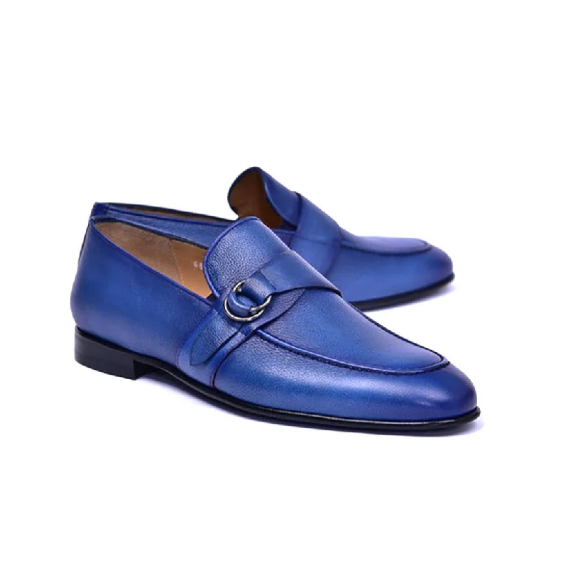 Corrente C0010 6628 Men's Shoes Blue Calf-Skin Leather Monk-Strap Loafers (CRT1456)