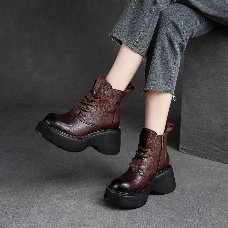 Women Retro Minimalist Leather Chunky Platform Boots