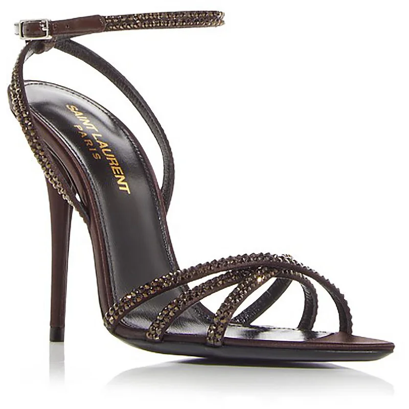 Saint Laurent Womens Satin Embellished Strappy Sandals