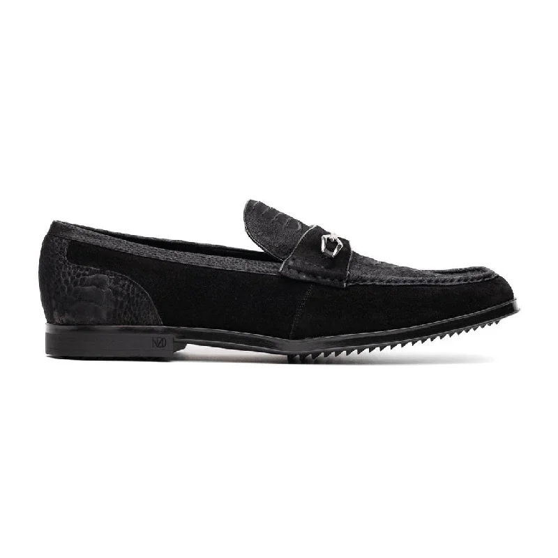 Marco Di Milano Hugo Men's Shoes Black Suede / Ostrich Leg Horsebit Loafers (MDM1066)